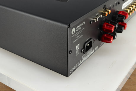 Rear right corner of a used Cambridge Audio CXA81 GEN2 Integrated Amplifier in a lunar grey finish