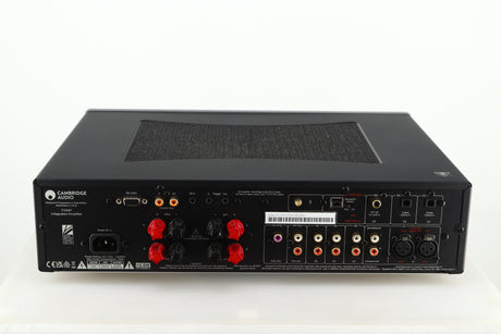 Rear view of a used Cambridge Audio CXA81 GEN2 Integrated Amplifier in a lunar grey finish showing Mains Input, Phono Outputs, Optical Inputs, Speaker Inputs and Bluetooth Connector