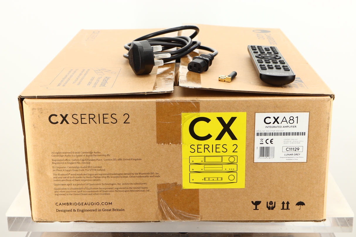 Box of a used Cambridge Audio CXA81 Integrated Amplifier in Lunar Grey finish 
