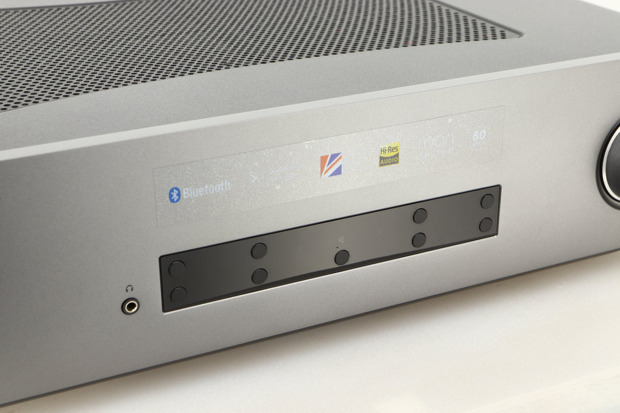 Close up view of a used Cambridge Audio CXA81 Integrated Amplifier in Lunar Grey finish 