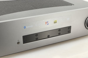 Close up view of a used Cambridge Audio CXA81 Integrated Amplifier in Lunar Grey finish 