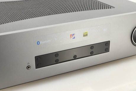 Close up view of a used Cambridge Audio CXA81 Integrated Amplifier in Lunar Grey finish 