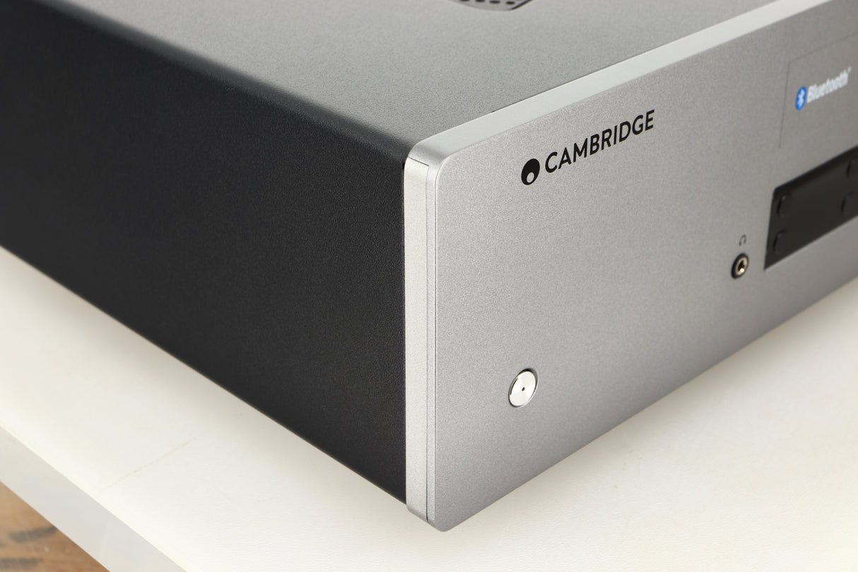 Front left corner view of a used Cambridge Audio CXA81 Integrated Amplifier in Lunar Grey finish 