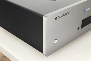 Front left corner view of a used Cambridge Audio CXA81 Integrated Amplifier in Lunar Grey finish 