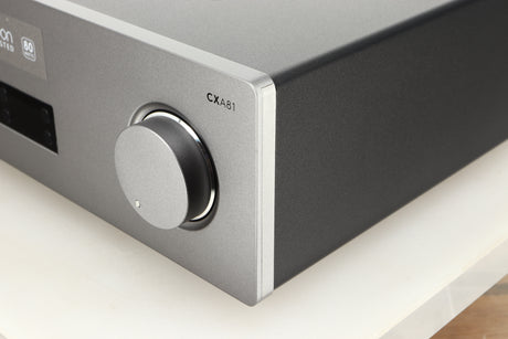 Front right corner view of a used Cambridge Audio CXA81 Integrated Amplifier in Lunar Grey finish 
