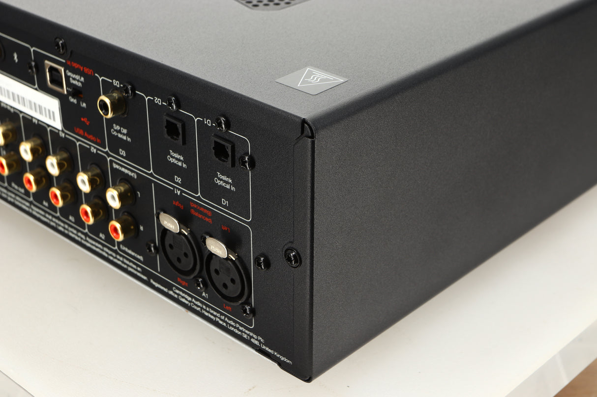 Rear right corner view of a used Cambridge Audio CXA81 Integrated Amplifier in Lunar Grey finish 