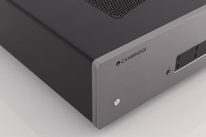 Front left corner of a used Cambridge Audio CXA81 Integrated Amplifier in a Lunar Grey finish