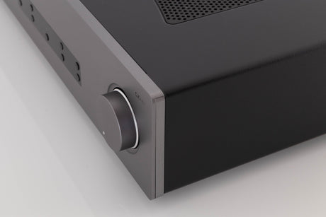 Front right corner of a used Cambridge Audio CXA81 Integrated Amplifier in a Lunar Grey finish