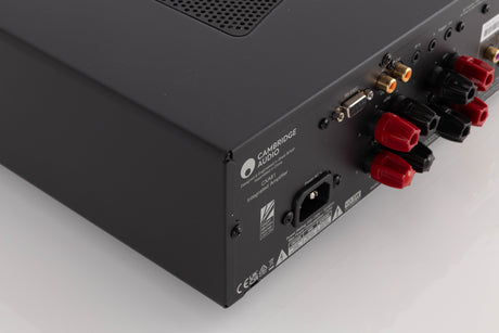 Rear right corner of a used Cambridge Audio CXA81 Integrated Amplifier in a Lunar Grey finish