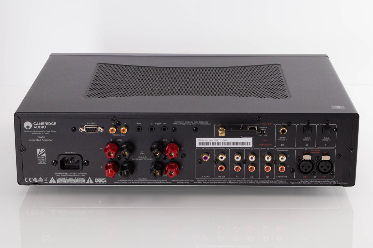 Rear view of a used Cambridge Audio CXA81 Integrated Amplifier in a Lunar Grey finish Phono Inputs, Phono Outputs, Power Input, Optical Inputs, USB Input and Coaxial Input
