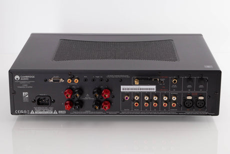 Rear view of a used Cambridge Audio CXA81 Integrated Amplifier in a Lunar Grey finish Phono Inputs, Phono Outputs, Power Input, Optical Inputs, USB Input and Coaxial Input