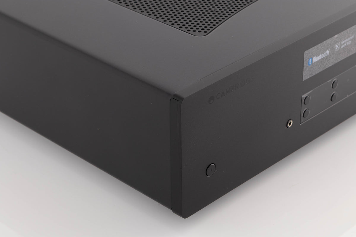 Front left corner of a used Cambridge Audio CXA81 Series 2 Integrated Amplifier in a Black finish