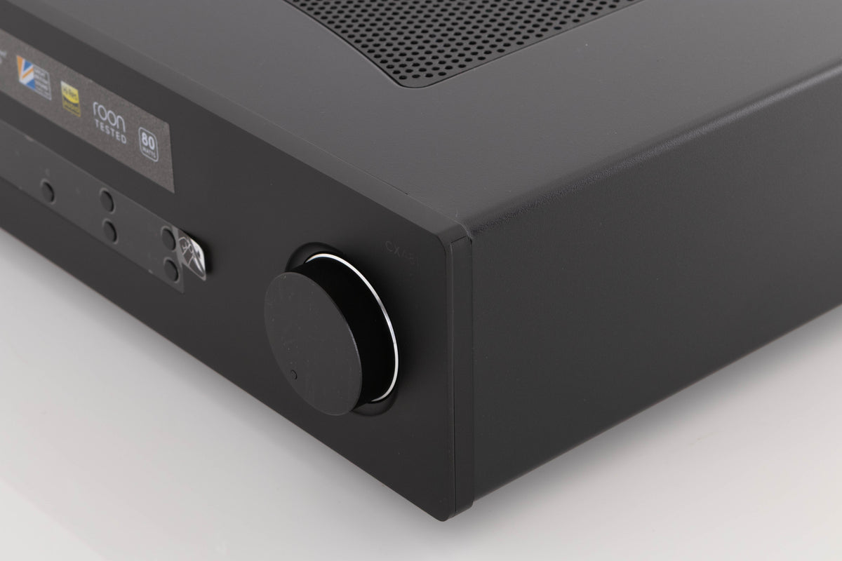 Front right corner of a used Cambridge Audio CXA81 Series 2 Integrated Amplifier in a Black finish