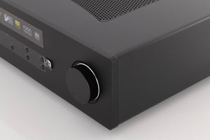 Front right corner of a used Cambridge Audio CXA81 Series 2 Integrated Amplifier in a Black finish