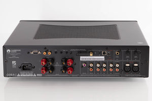 Rear view of a used Cambridge Audio CXA81 Series 2 Integrated Amplifier in a Black finish showing Mains Input, Phono Inputs, Phono Outputs, USB Input, Optical Inputs and Coaxial Input