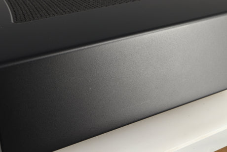 Close up of a used Cambridge Audio CXA81 Series 2 Integrated Amplifier in a lunar grey finish showing light scratching on right side