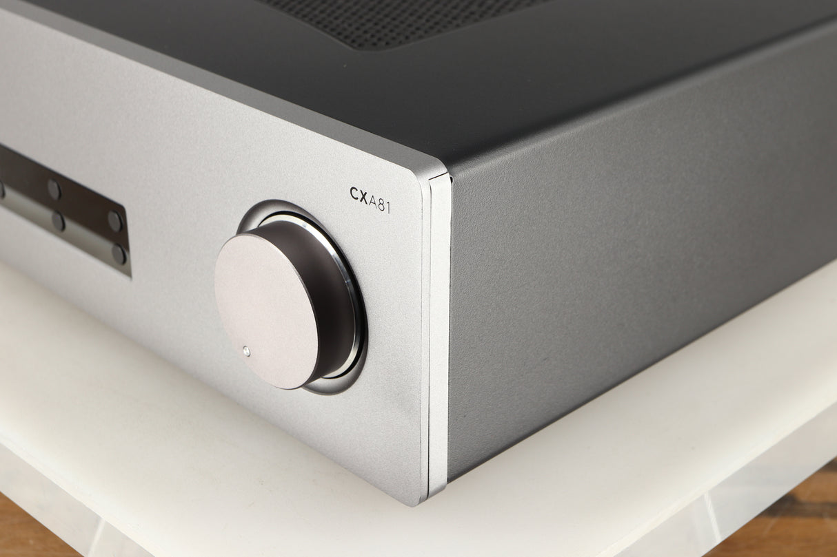 Front right corner of a used Cambridge Audio CXA81 Series 2 Integrated Amplifier in a lunar grey finish