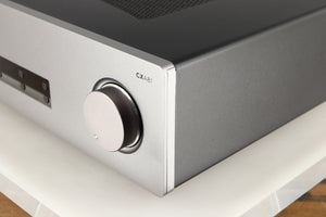 Front right corner of a used Cambridge Audio CXA81 Series 2 Integrated Amplifier in a lunar grey finish