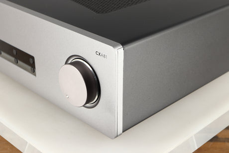 Front right corner of a used Cambridge Audio CXA81 Series 2 Integrated Amplifier in a lunar grey finish