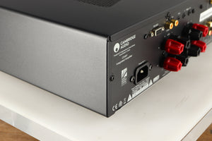 Rear right corner of a used Cambridge Audio CXA81 Series 2 Integrated Amplifier in a lunar grey finish