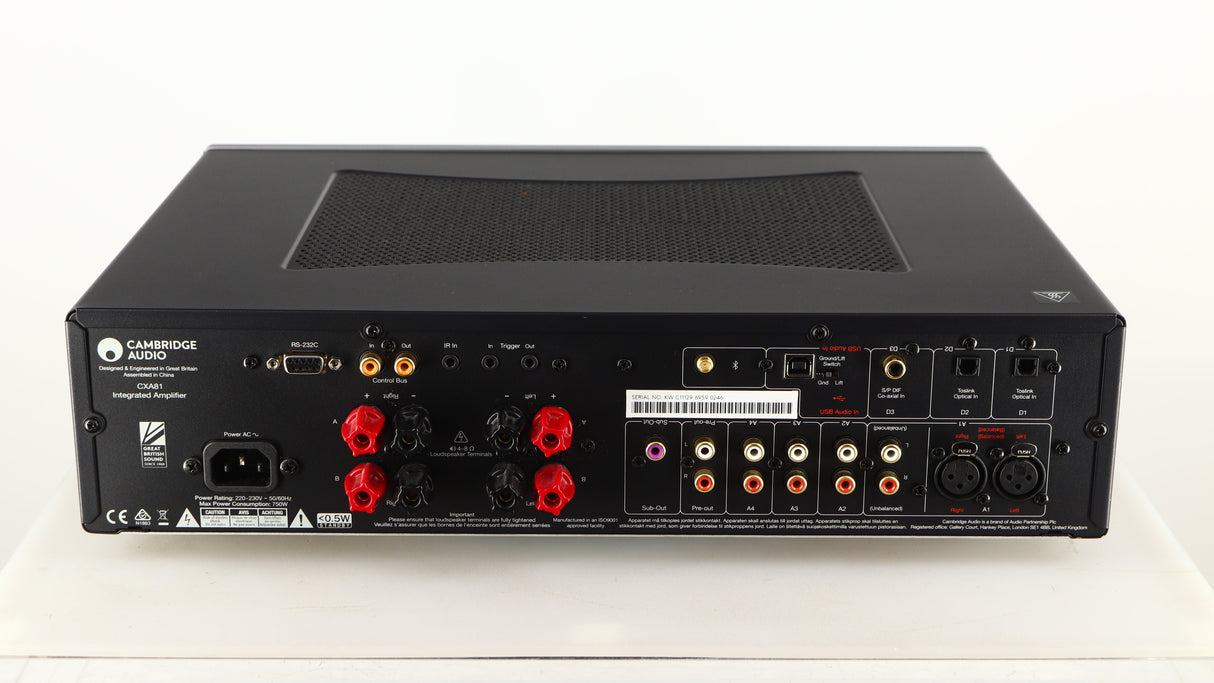 Rear view of a used Cambridge Audio CXA81 Series 2 Integrated Amplifier in a lunar grey finish showing Mains Input, Phono Inputs, Phono Outputs, Optical Inputs, Speaker Outputs and USB Input