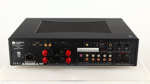 Rear view of a used Cambridge Audio CXA81 Series 2 Integrated Amplifier in a lunar grey finish showing Mains Input, Phono Inputs, Phono Outputs, Optical Inputs, Speaker Outputs and USB Input