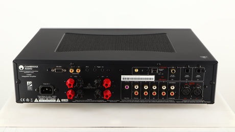 Rear view of a used Cambridge Audio CXA81 Series 2 Integrated Amplifier in a lunar grey finish showing Mains Input, Phono Inputs, Phono Outputs, Optical Inputs, Speaker Outputs and USB Input