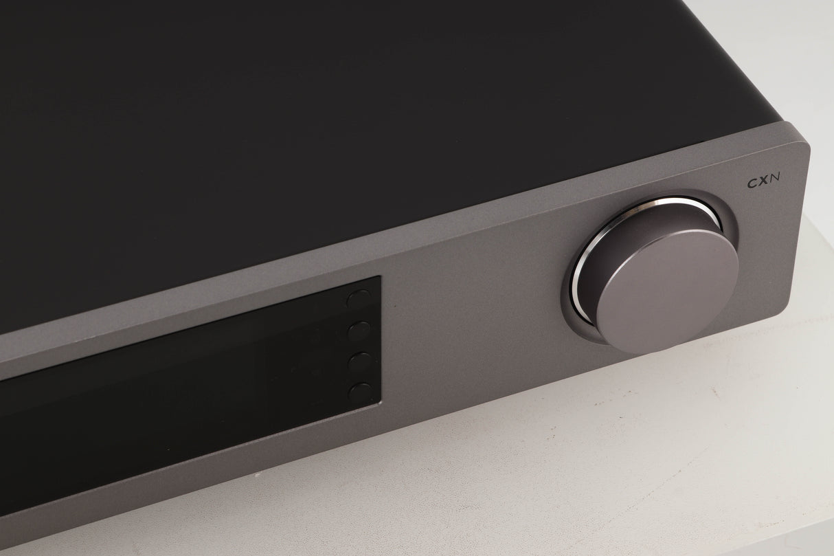 Close up view of a used Cambridge Audio CXN V2 Streamer in Lunar Grey finish
