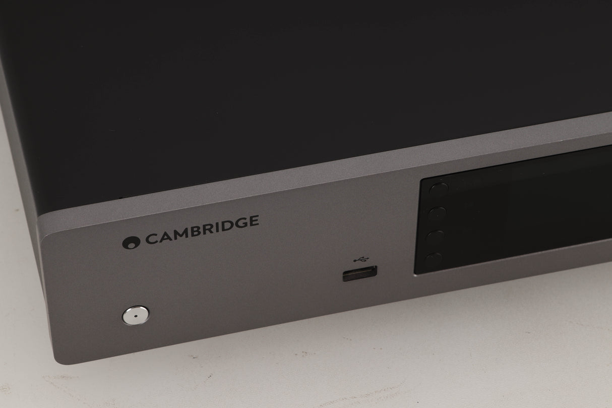 Close up view of a used Cambridge Audio CXN V2 Streamer in Lunar Grey finish