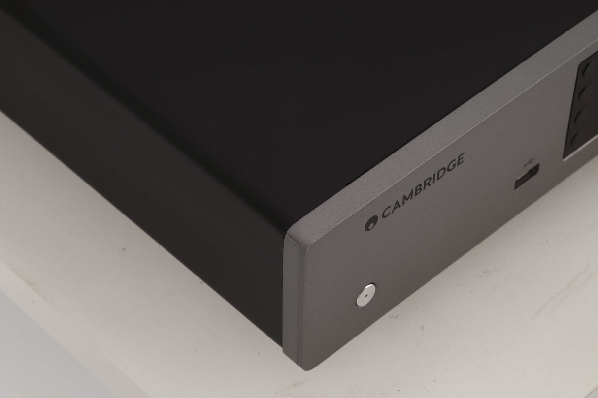 Front left corner view of a used Cambridge Audio CXN V2 Streamer in Lunar Grey finish