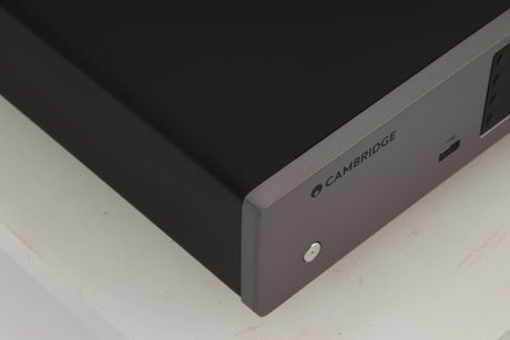 Front left corner view of a used Cambridge Audio CXN V2 Streamer in Lunar Grey finish