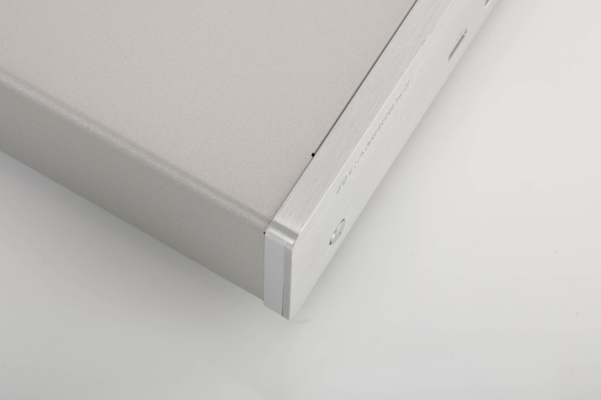 Front left corner of a used Cambridge Audio CXN V2 Streamer in a silver finish