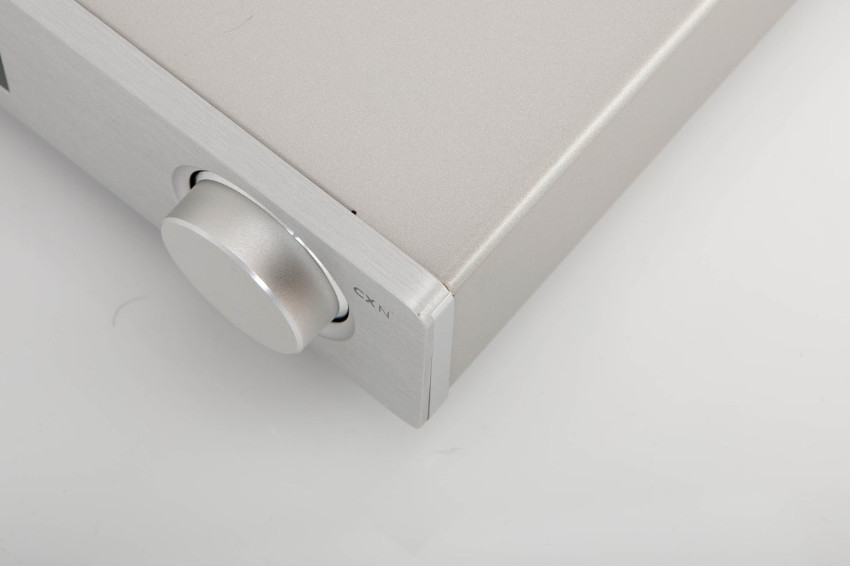 Front right corner of a used Cambridge Audio CXN V2 Streamer in a silver finish