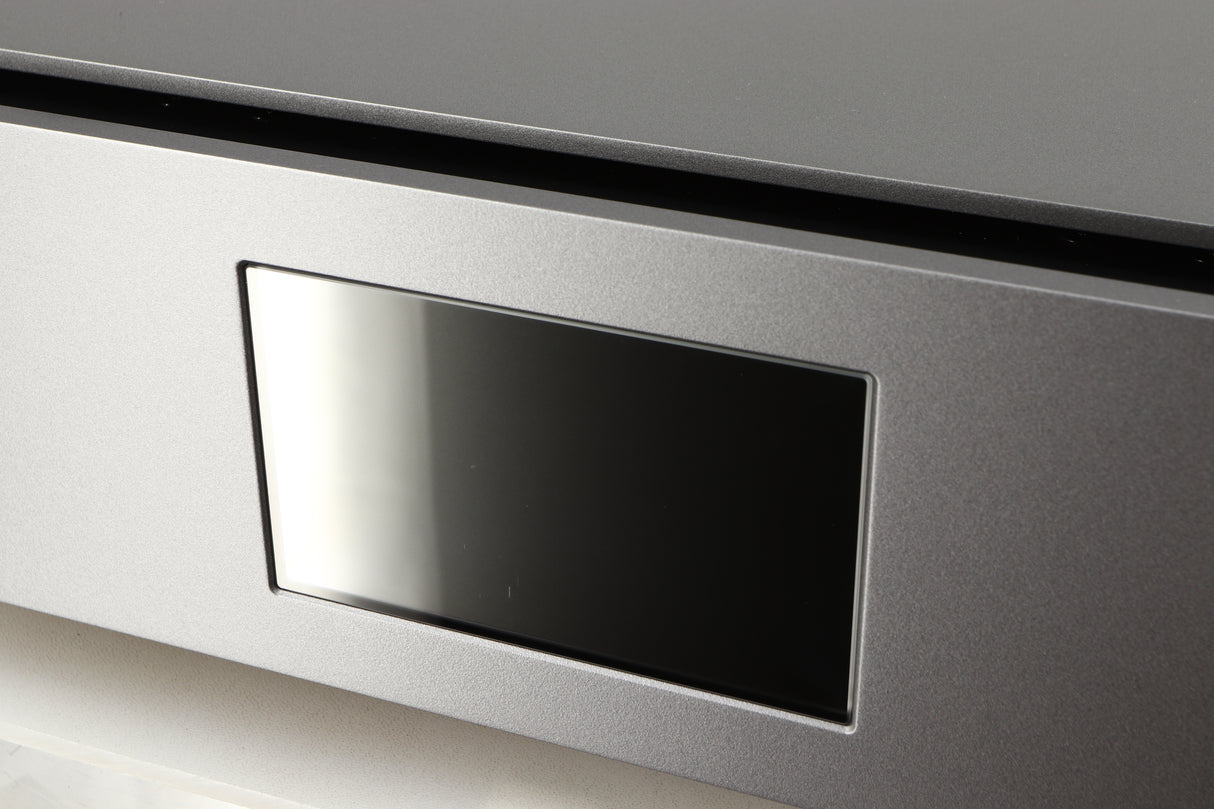 Close up of a used Cambridge Audio Edge NQ Network Pre Amplifier in a grey finish showing tiny scratch on screen 