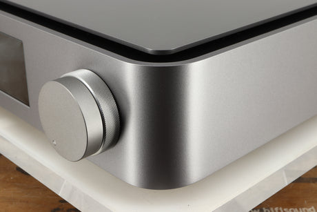 Front right corner of a used Cambridge Audio Edge NQ Network Pre Amplifier in a grey finish