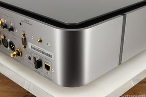 Rear left corner of a used Cambridge Audio Edge NQ Network Pre Amplifier in a grey finish