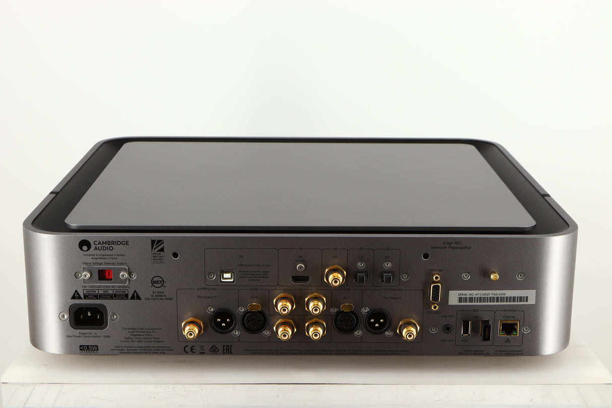 Rear view of a used Cambridge Audio Edge NQ Network Pre Amplifier in a grey finish showing Mains Input, HDMI Output, Phono Outputs, USB Input and Network Input