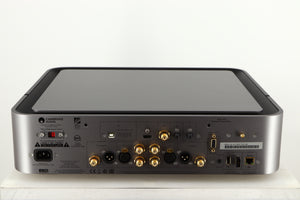 Rear view of a used Cambridge Audio Edge NQ Network Pre Amplifier in a grey finish showing Mains Input, HDMI Output, Phono Outputs, USB Input and Network Input