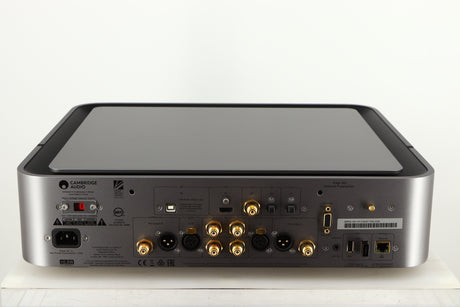 Rear view of a used Cambridge Audio Edge NQ Network Pre Amplifier in a grey finish showing Mains Input, HDMI Output, Phono Outputs, USB Input and Network Input