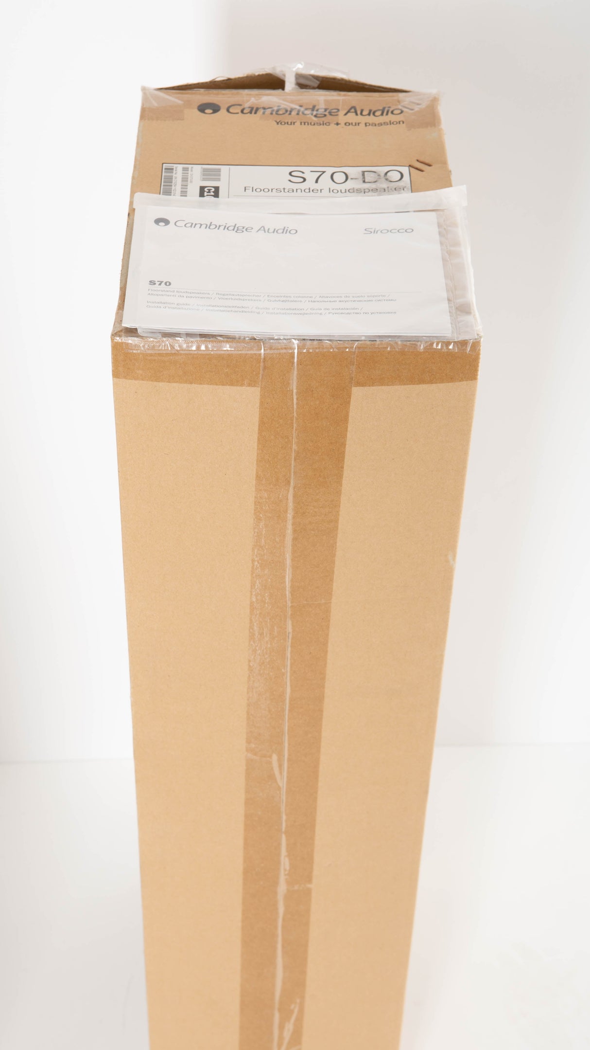 Box for a used Cambridge Audio Sirocco S70 Floorstanding Speaker in a Dark Oak finish showing Manual