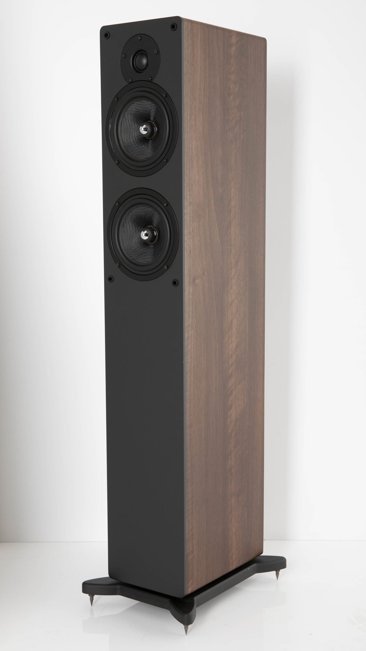 Front right corner of a used Cambridge Audio Sirocco S70 Floorstanding Speaker in a Dark Oak finish