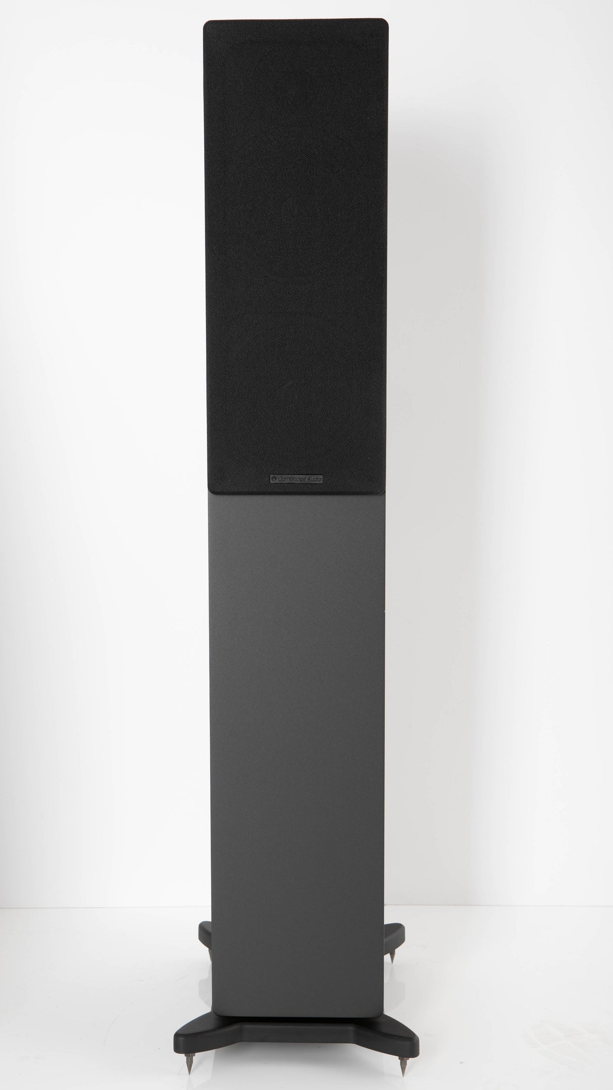 Front view of a used Cambridge Audio Sirocco S70 Floorstanding Speaker in a Dark Oak finish showing Grille