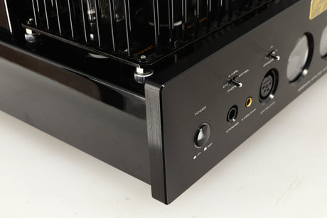 Front left corner of a used Cayin HA-6A Headphone Amplifier in a black finish