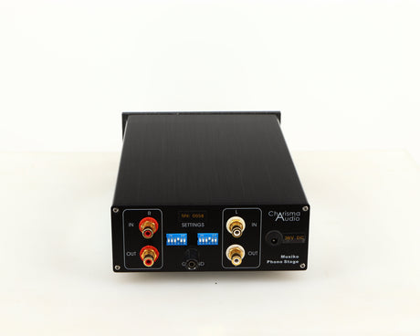 Rear view of a used Charisma Audio Musiko Phonostage in a black finish showing Phono Inputs, Phono Outputs and Power input