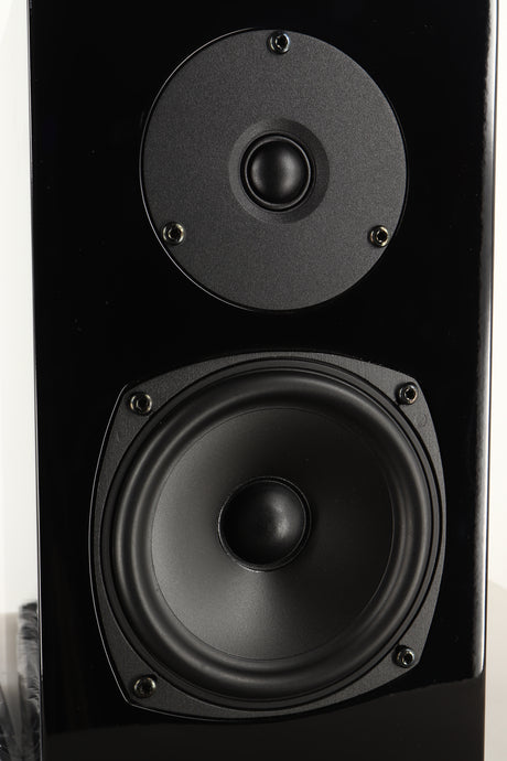 Close up view of a Chartwell LS3 Standmount Speaker in Black Gloss finish