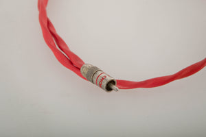 Close up view of a used Chord Company Chorus 1.0m RCA-RCA Interconnect