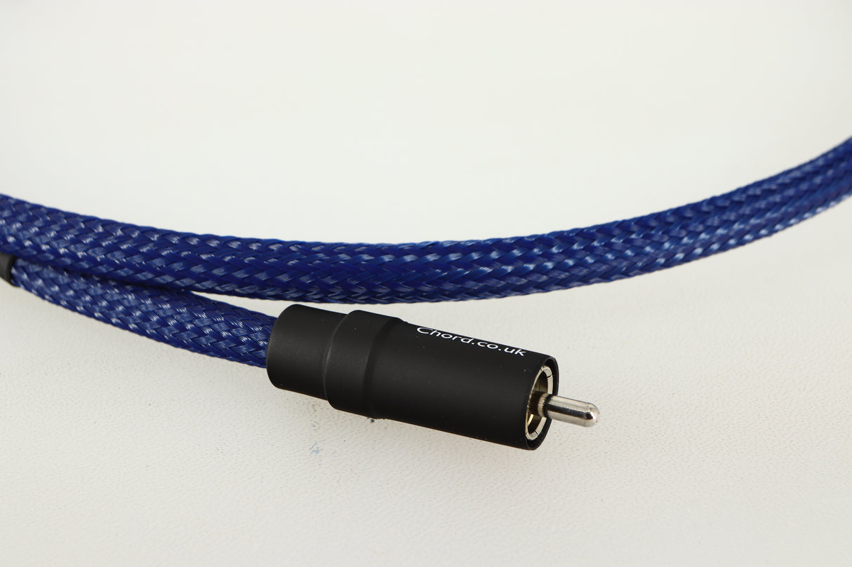 Close up of a used Chord Company Clearway Digital Tuned ARAY Interconnect Cable 1.0m showing connector