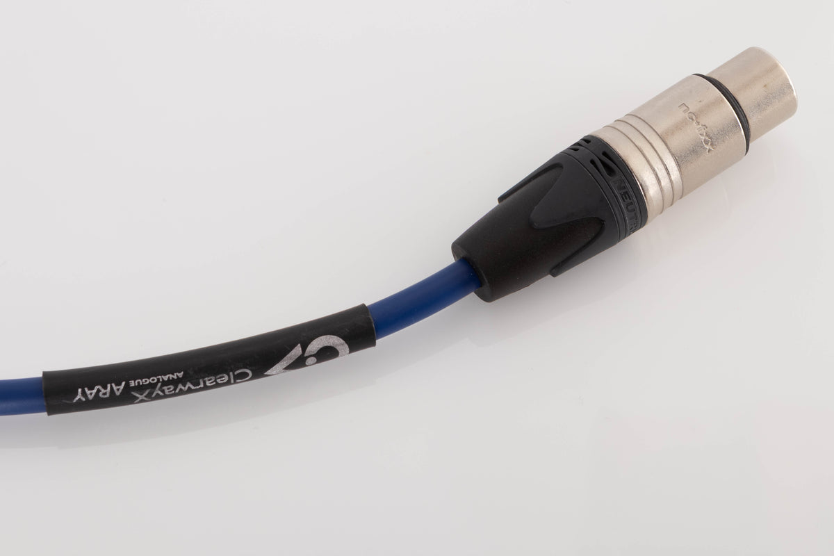 Close up of a used Chord Company ClearwayX ARAY XLR-XLR Interconnect Cable 0.5m showing connector