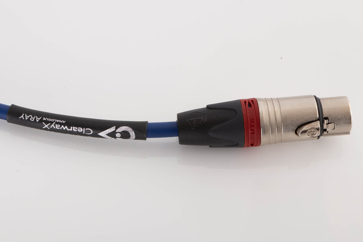 Close up of a used Chord Company ClearwayX ARAY XLR-XLR Interconnect Cable 0.5m showing connector