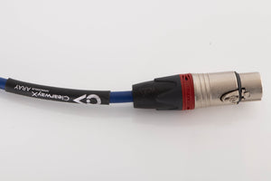 Close up of a used Chord Company ClearwayX ARAY XLR-XLR Interconnect Cable 0.5m showing connector